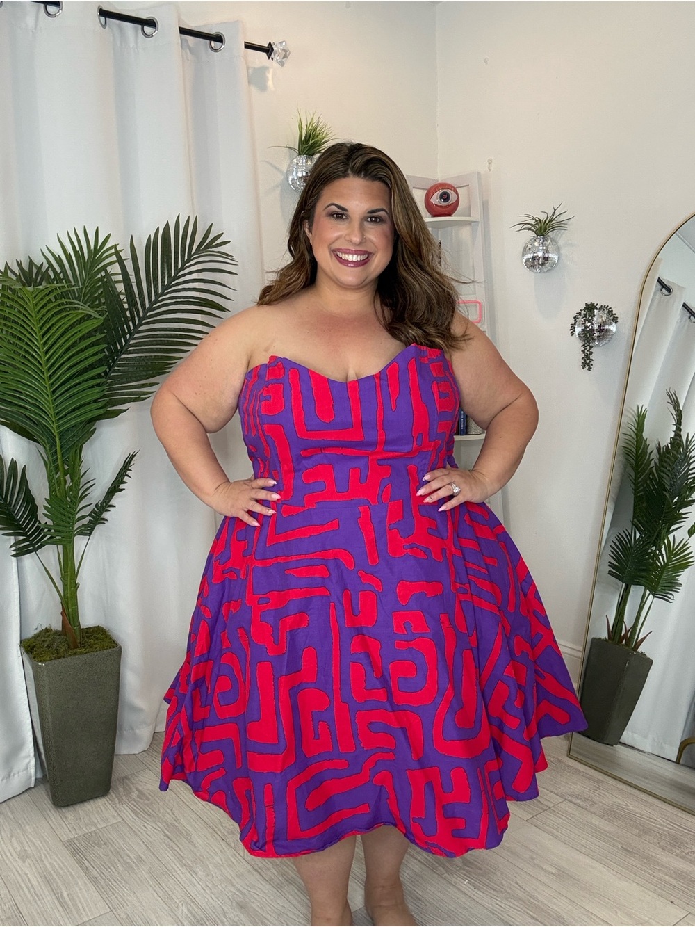 Plus-Size Strapless Fit & Flare Dress in Bold Pink and Purple - Picture 1 of 5
